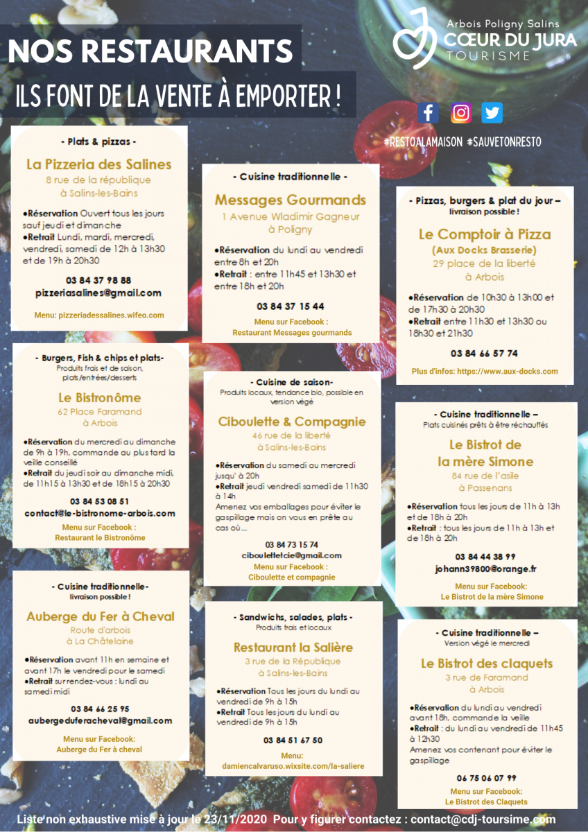 Liste des restaurants vente à emporter Coeur du Jura